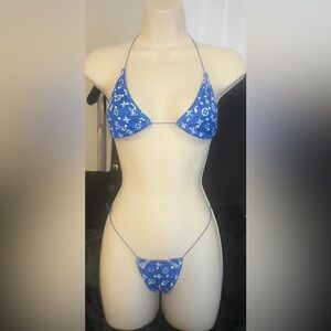 Blue Monagram fabric handmade Bikini all adjustable string.